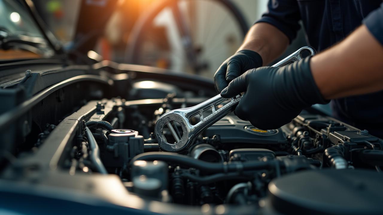 Mécanicien utilisant une clé à cliquet sur un moteur