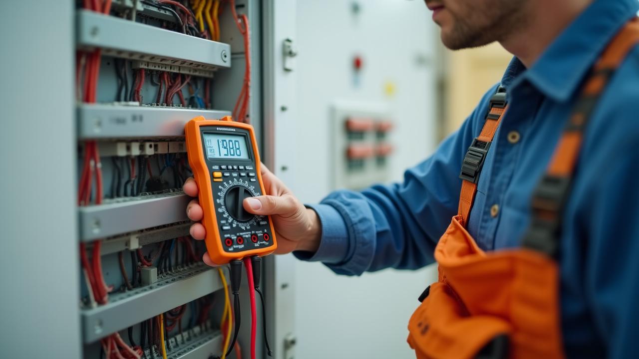 Électricien professionnel utilisant un multimètre de précision sur un tableau électrique