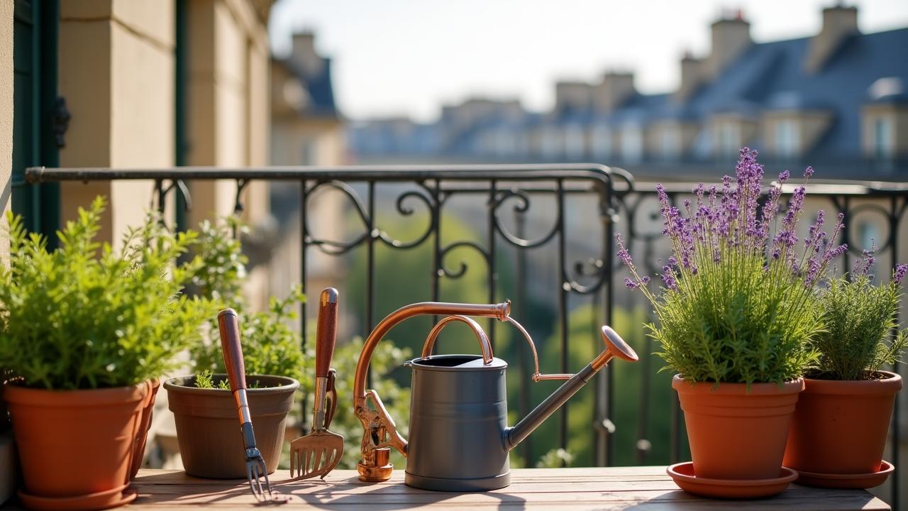 Outils de jardinage compacts sur un balcon parisien avec vue sur les toits