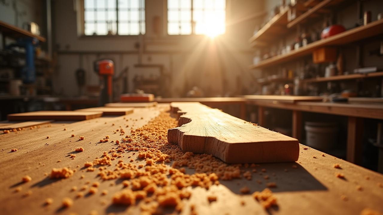 Atelier de menuiserie lumineux avec copeaux de bois et éétabli en chêne