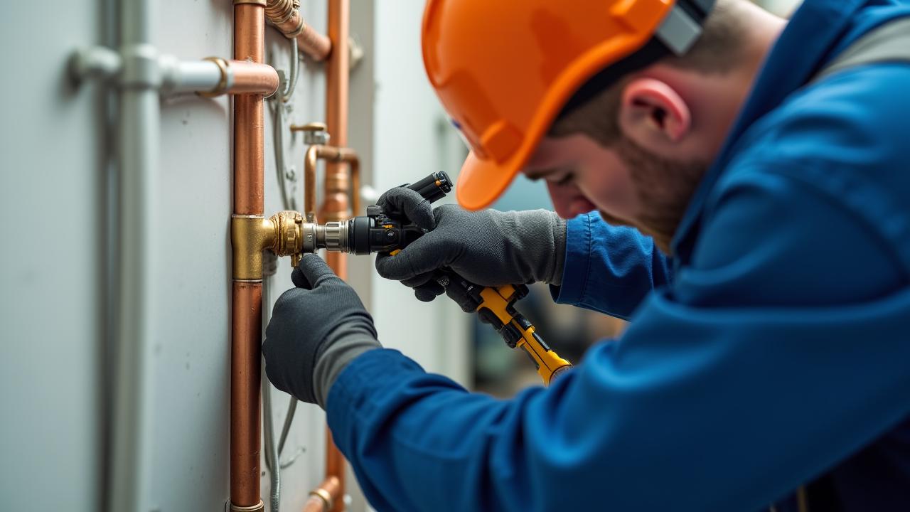 Plombier professionnel travaillant avec des outils de précision à Paris